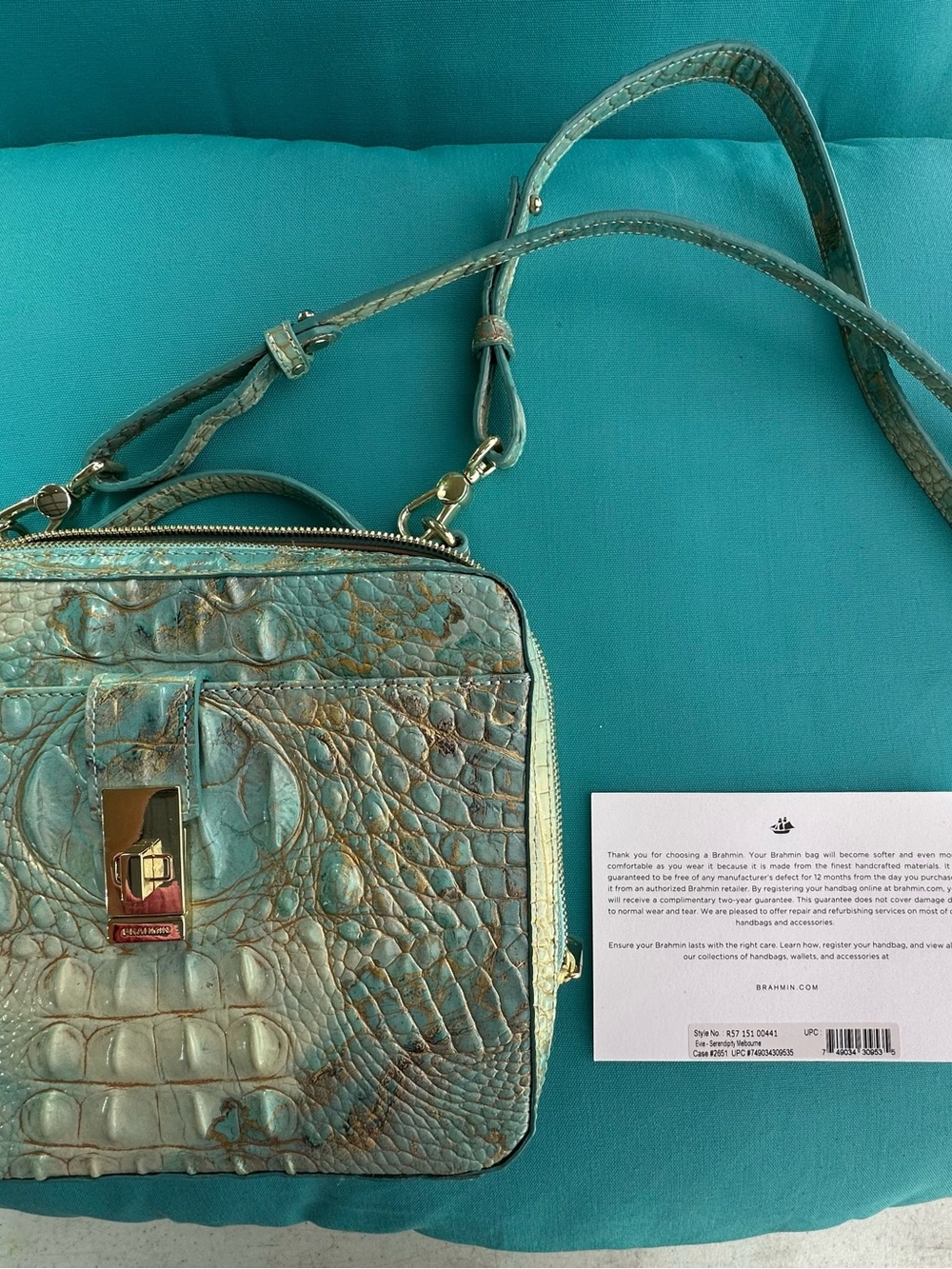 Brahmin Teal Croc-Embossed Crossbody with Gold Hardware
